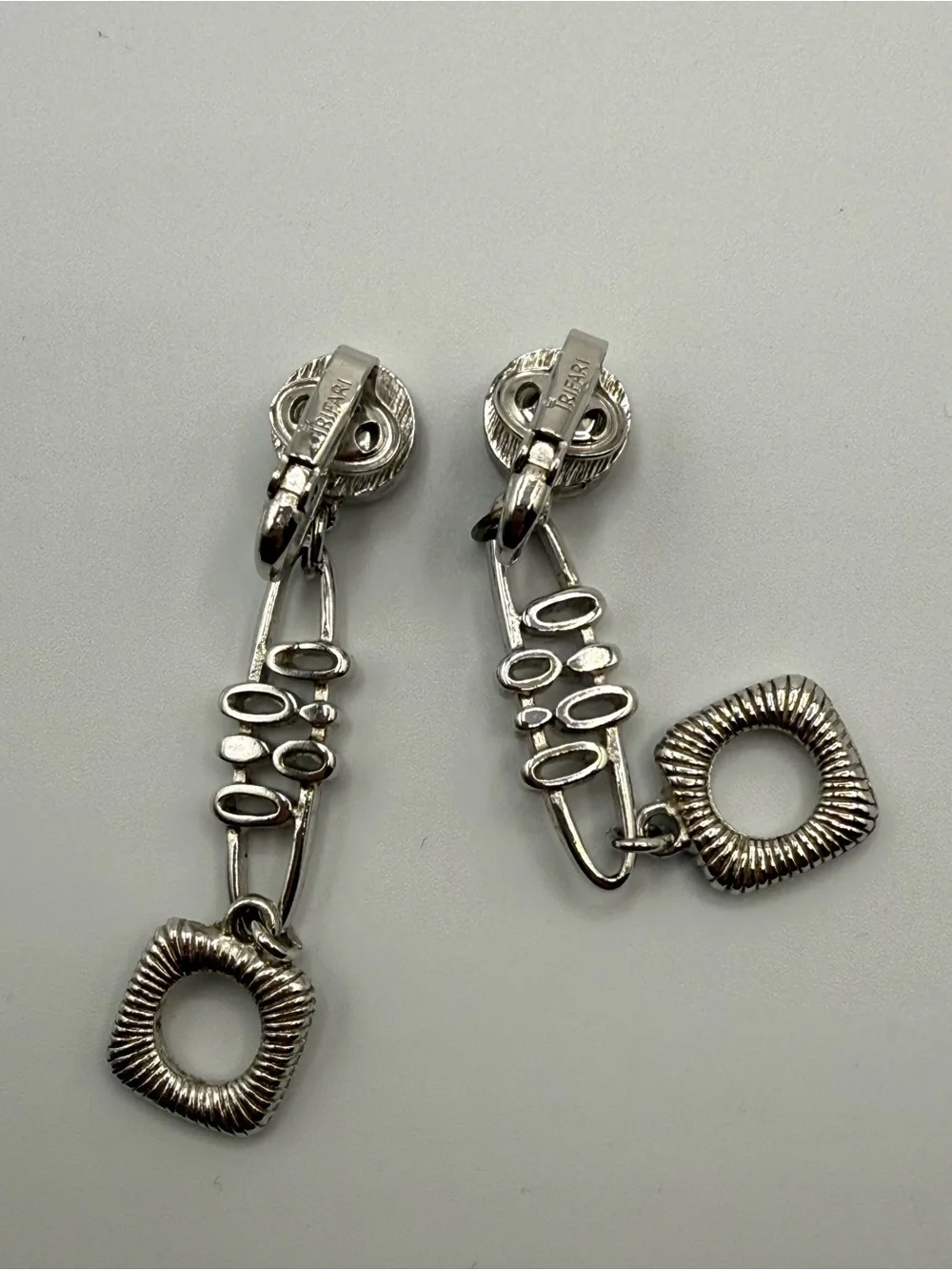Vintage Crown Trifari Silver Tone Geometric Drop Clip On Earrings 1960s Mod Rare